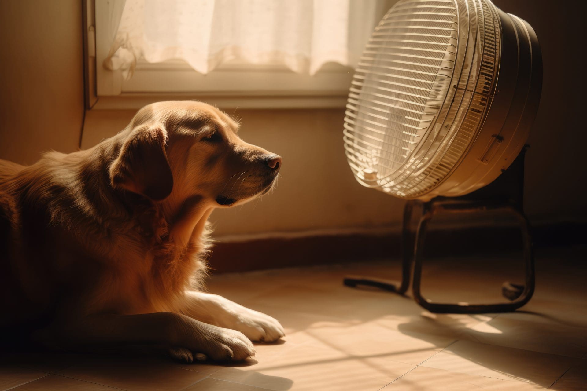 Dog sitting in front of fan