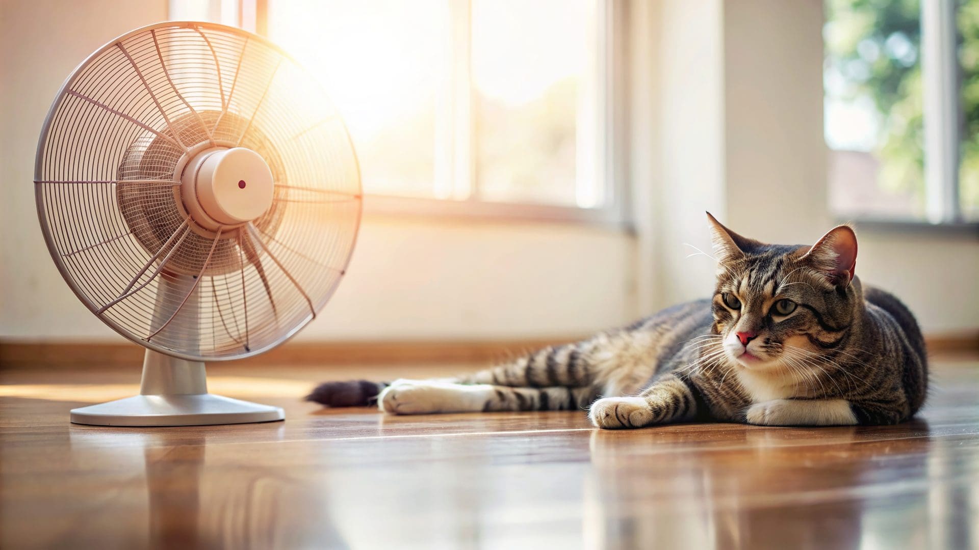 Cat being cooled down by fan