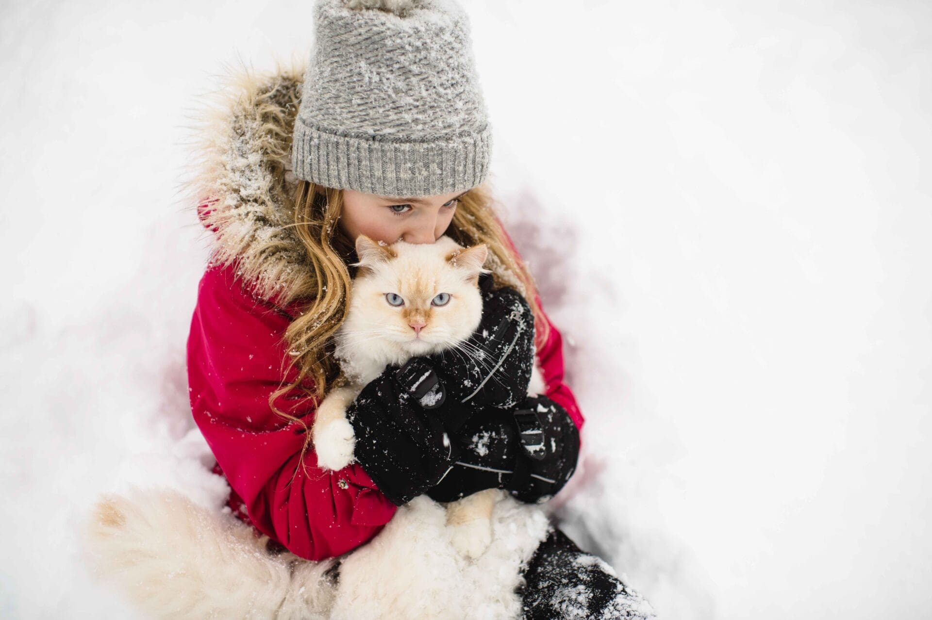 cat being held by child in the snow 