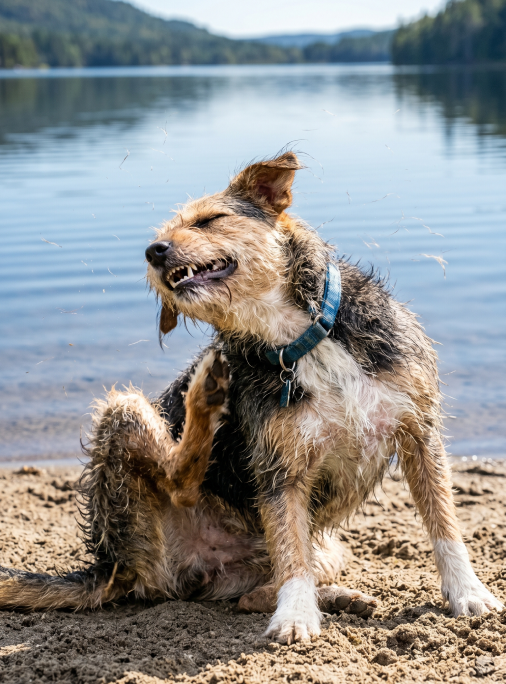 dog scratching neck at kelowna bc lake