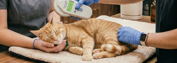 cat getting microchip scanned at the kelowna vet