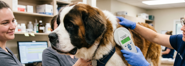 dog getting microchip scanned at the kelowna vet clinic