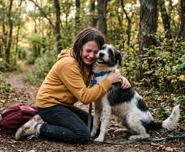 kid with dog in the woods