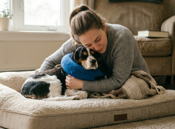 person hugging dog at the kelowna vet clinic