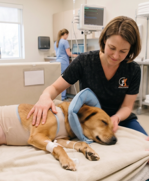 dog lying on bed after surgery at the Kelowna emergency vet